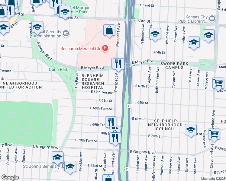 map of restaurants, bars, coffee shops, grocery stores, and more near 2440 East 67th Terrace in Kansas City