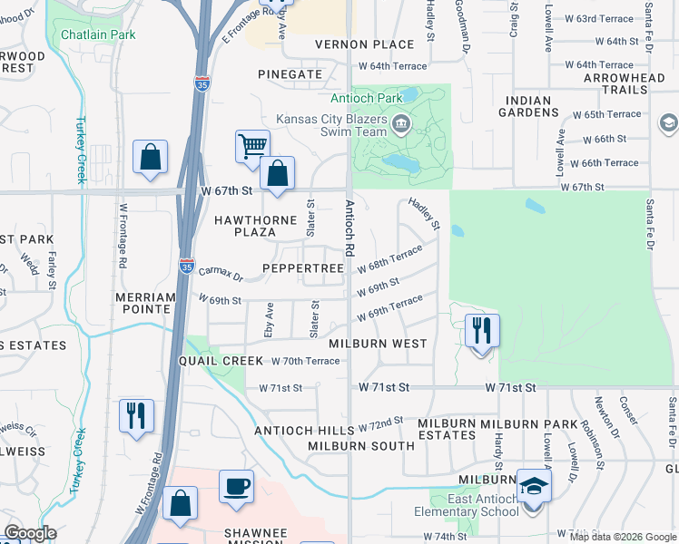 map of restaurants, bars, coffee shops, grocery stores, and more near 6814 Antioch Road in Overland Park