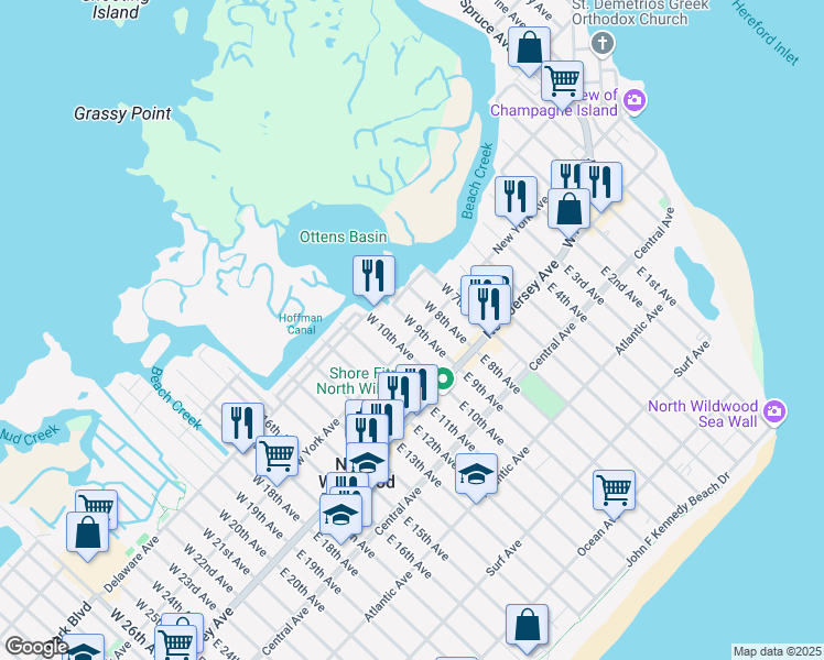 map of restaurants, bars, coffee shops, grocery stores, and more near 900 New York Avenue in North Wildwood