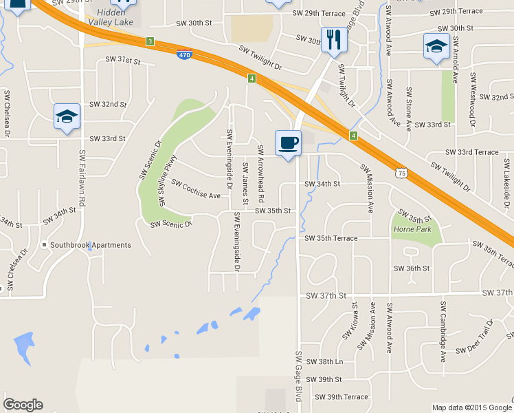 map of restaurants, bars, coffee shops, grocery stores, and more near 3437 Southwest Arrowhead Road in Topeka