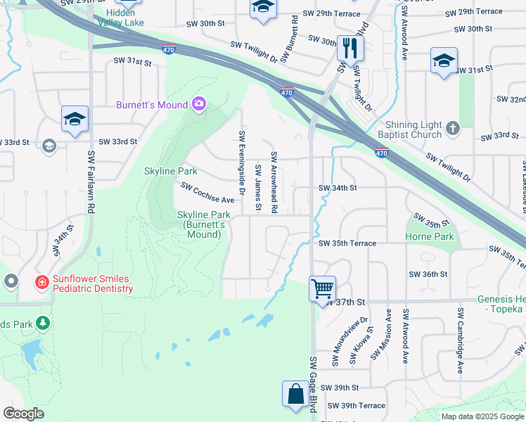 map of restaurants, bars, coffee shops, grocery stores, and more near 3437 Southwest Arrowhead Road in Topeka