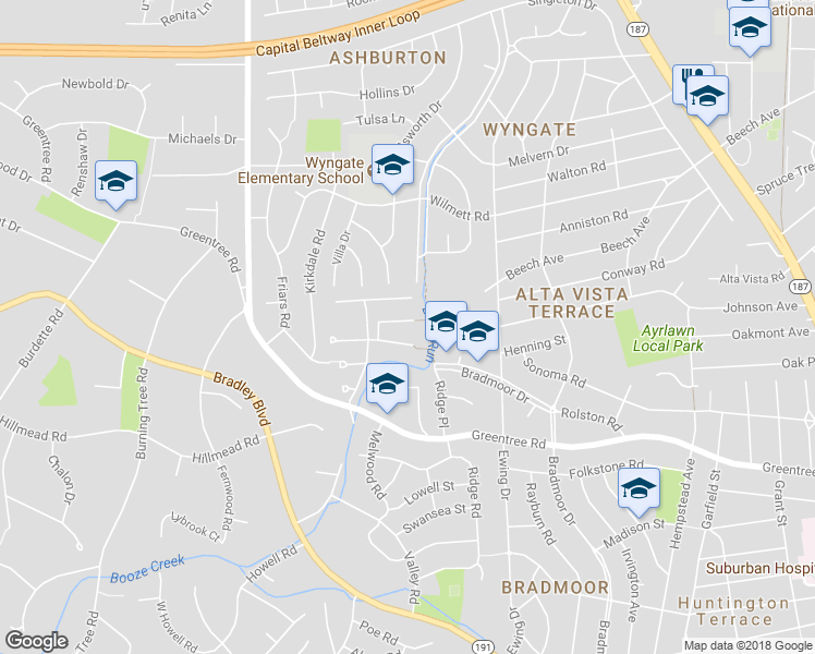 map of restaurants, bars, coffee shops, grocery stores, and more near 6206 Leeke Forest Court in Bethesda