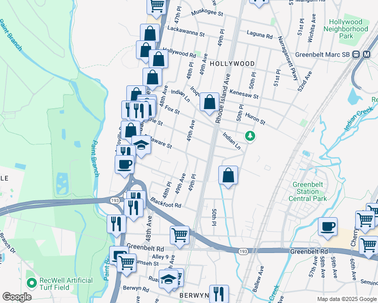 map of restaurants, bars, coffee shops, grocery stores, and more near 9201 49th Avenue in College Park