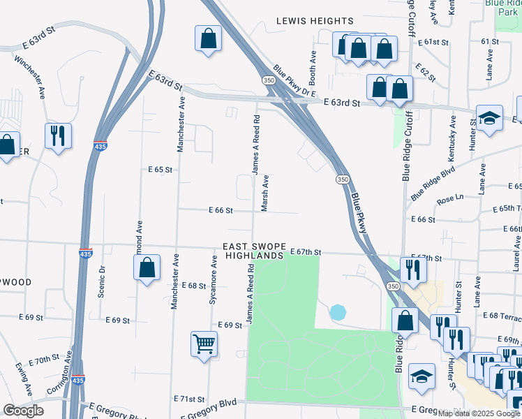 map of restaurants, bars, coffee shops, grocery stores, and more near 6550 Marsh Avenue in Kansas City