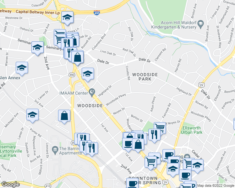 map of restaurants, bars, coffee shops, grocery stores, and more near 1319 Woodside Parkway in Silver Spring
