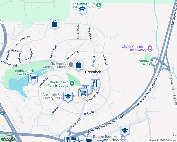 map of restaurants, bars, coffee shops, grocery stores, and more near 102 Parkway in Greenbelt