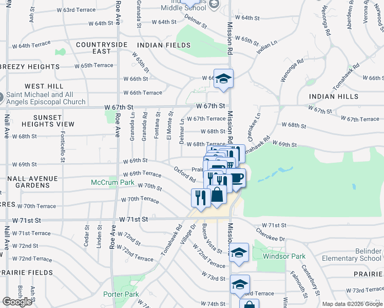 map of restaurants, bars, coffee shops, grocery stores, and more near 4124 West 69th Street in Prairie Village