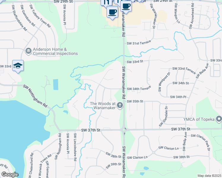 map of restaurants, bars, coffee shops, grocery stores, and more near 6047 Southwest 34th Terrace in Topeka