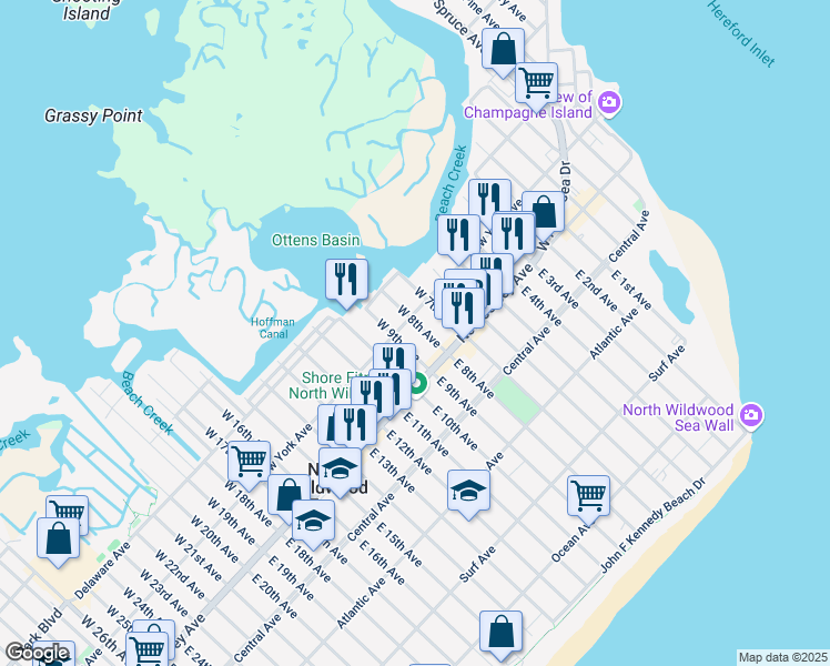 map of restaurants, bars, coffee shops, grocery stores, and more near 108 West 8th Avenue in North Wildwood