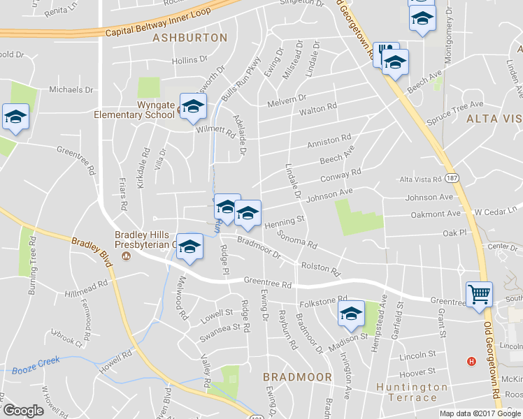 map of restaurants, bars, coffee shops, grocery stores, and more near Ewing Dr & Johnson Ave in Bethesda