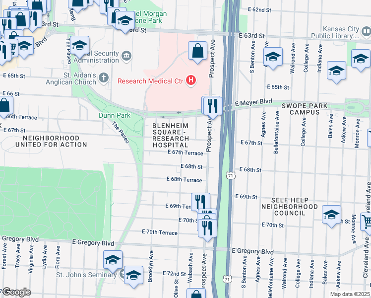map of restaurants, bars, coffee shops, grocery stores, and more near 2404 East 67th Terrace in Kansas City