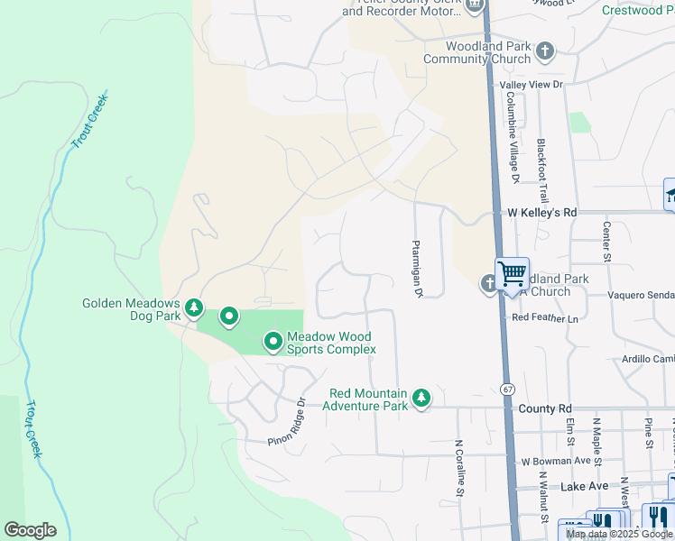 map of restaurants, bars, coffee shops, grocery stores, and more near 1247 Michael Lane in Woodland Park