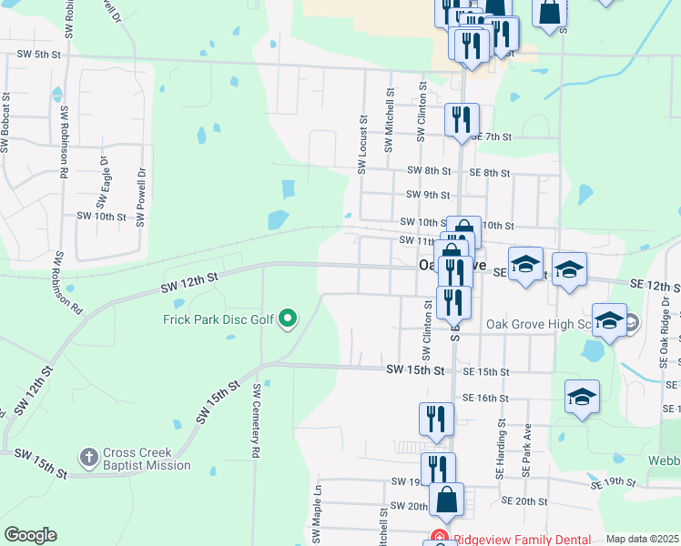 map of restaurants, bars, coffee shops, grocery stores, and more near 313 Southwest 12th Street in Oak Grove