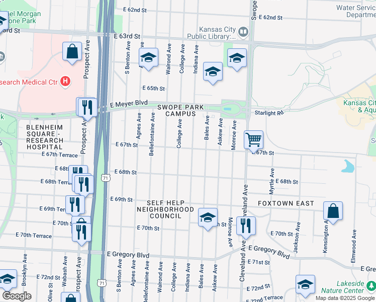 map of restaurants, bars, coffee shops, grocery stores, and more near 6713 College Avenue in Kansas City