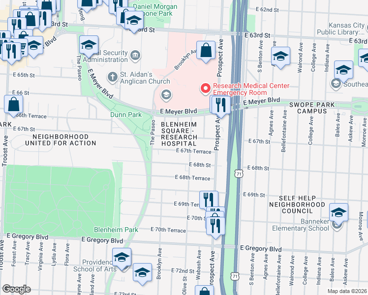 map of restaurants, bars, coffee shops, grocery stores, and more near 2220 East 67th Terrace in Kansas City