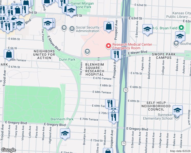 map of restaurants, bars, coffee shops, grocery stores, and more near 2220 East 67th Terrace in Kansas City