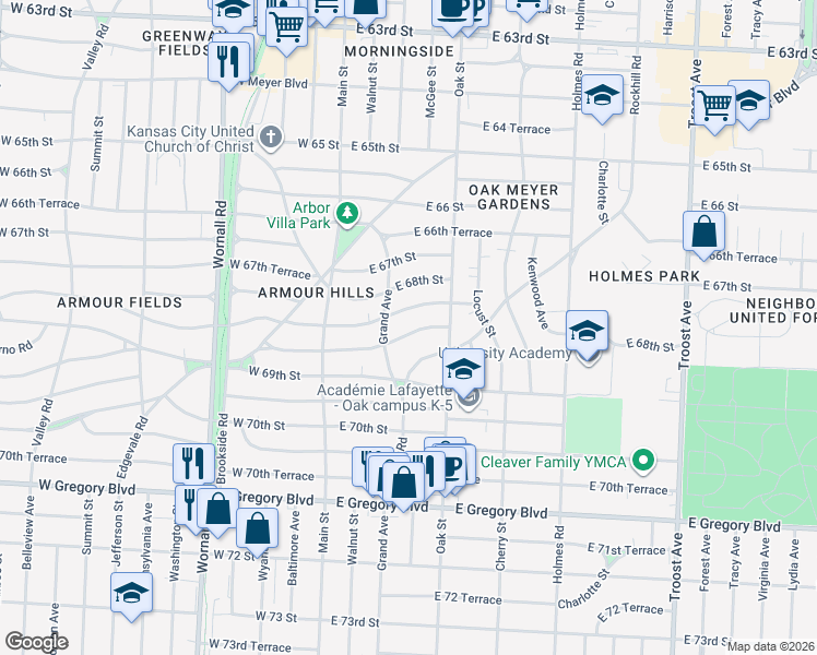 map of restaurants, bars, coffee shops, grocery stores, and more near 231 East Winthrope Road in Kansas City
