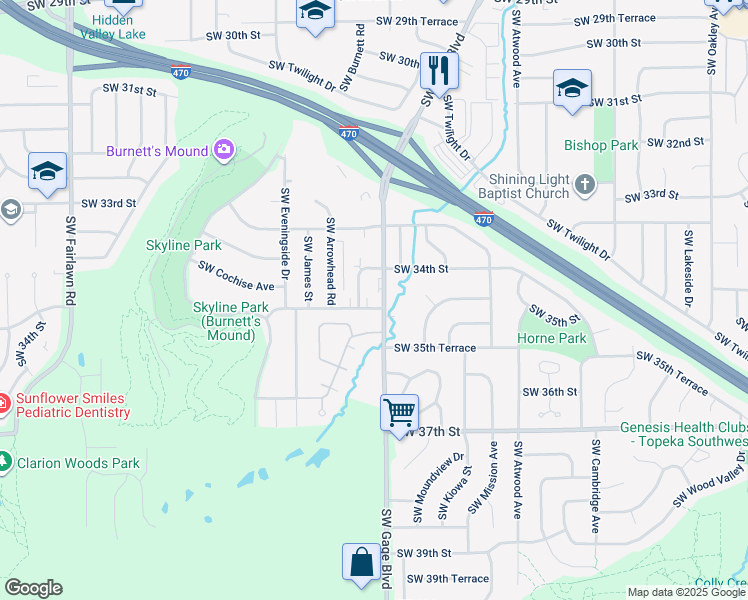 map of restaurants, bars, coffee shops, grocery stores, and more near 3468-3498 SW Gage Blvd in Topeka