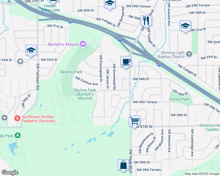 map of restaurants, bars, coffee shops, grocery stores, and more near 3437 Southwest Arrowhead Road in Topeka