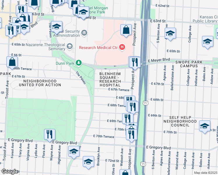 map of restaurants, bars, coffee shops, grocery stores, and more near 2220 East 67th Terrace in Kansas City