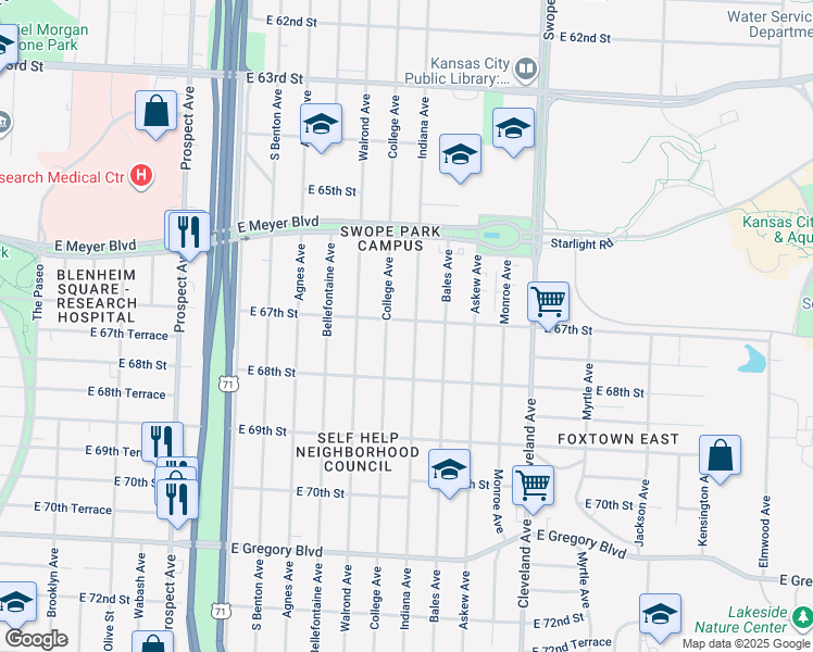 map of restaurants, bars, coffee shops, grocery stores, and more near 6713 College Avenue in Kansas City