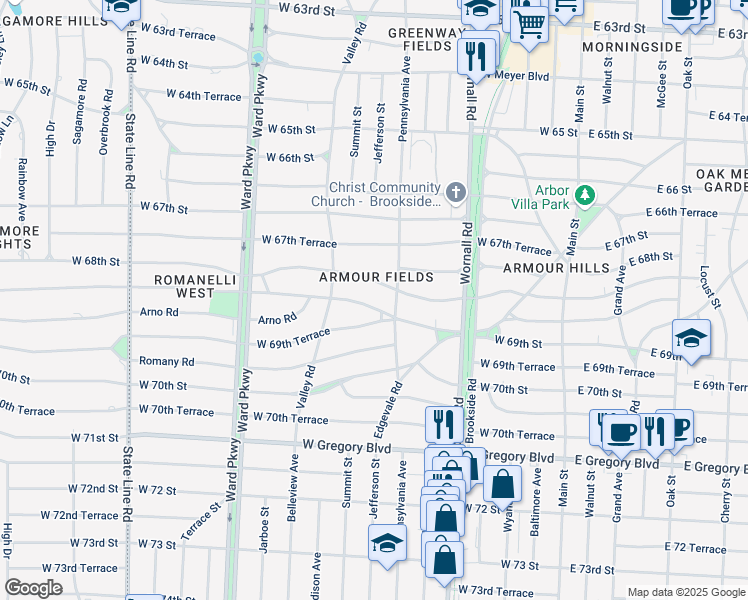 map of restaurants, bars, coffee shops, grocery stores, and more near 616 West 69th Street in Kansas City
