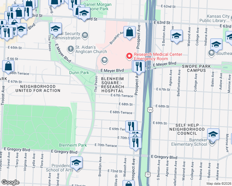 map of restaurants, bars, coffee shops, grocery stores, and more near 2220 East 67th Terrace in Kansas City