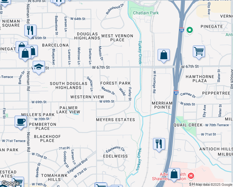 map of restaurants, bars, coffee shops, grocery stores, and more near 6864 Mastin Street in Shawnee
