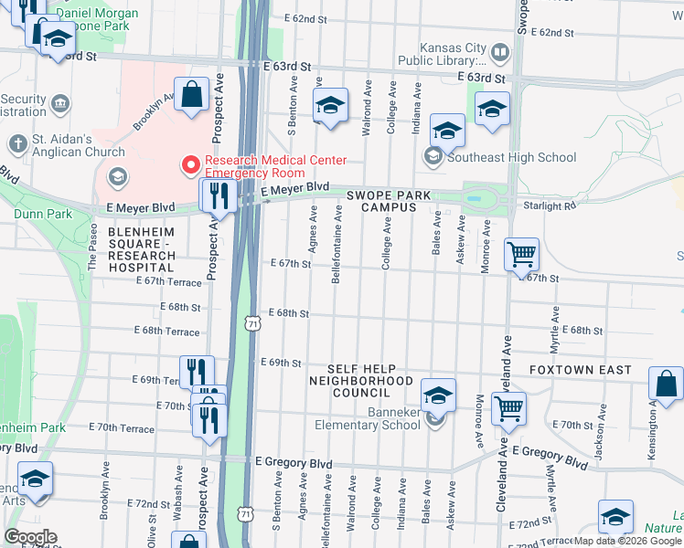 map of restaurants, bars, coffee shops, grocery stores, and more near 6714 Bellefontaine Avenue in Kansas City