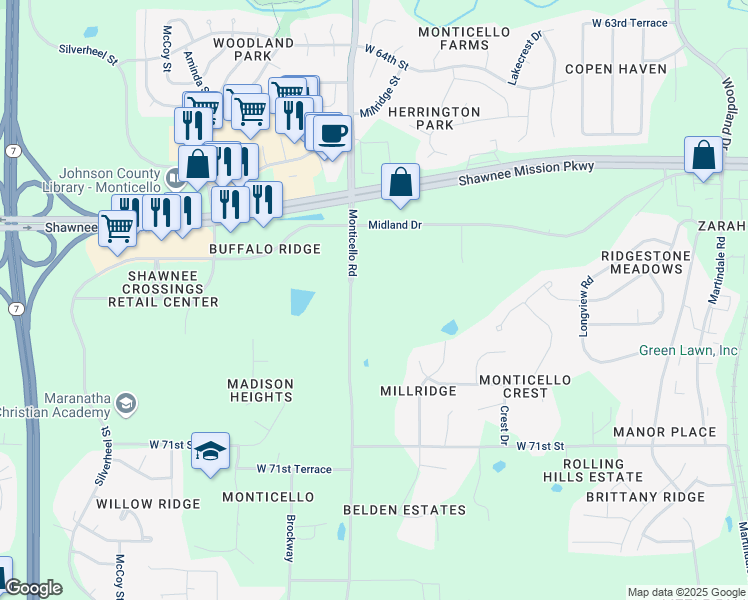 map of restaurants, bars, coffee shops, grocery stores, and more near 6805 Monticello Road in Shawnee