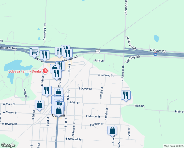 map of restaurants, bars, coffee shops, grocery stores, and more near 301A East Benning Street in Odessa