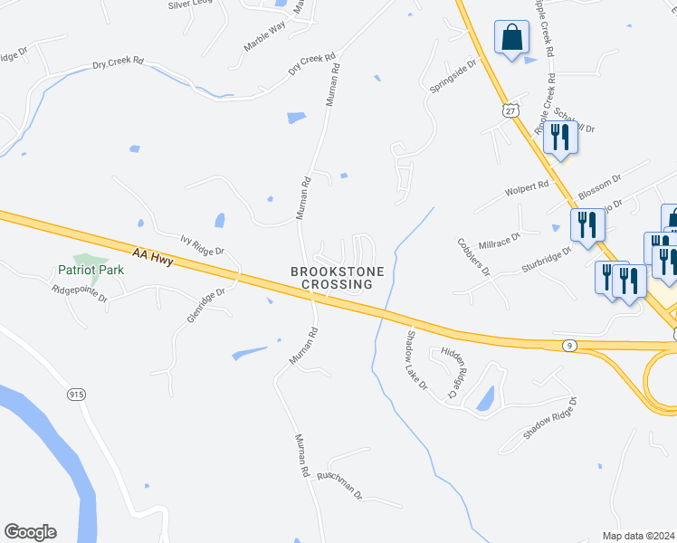 map of restaurants, bars, coffee shops, grocery stores, and more near Ridgeline Drive in Campbell County