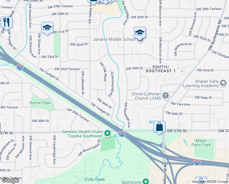 map of restaurants, bars, coffee shops, grocery stores, and more near 3516 Southwest Oak Parkway in Topeka
