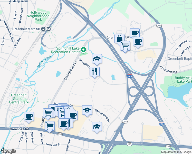 map of restaurants, bars, coffee shops, grocery stores, and more near 9230 Springhill Lane in Greenbelt