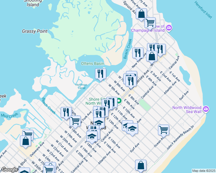map of restaurants, bars, coffee shops, grocery stores, and more near 900 New York Avenue in North Wildwood