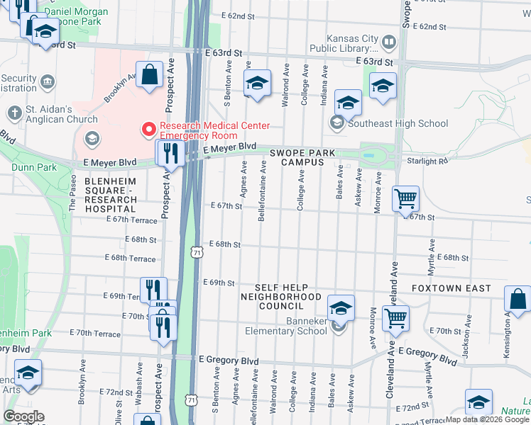 map of restaurants, bars, coffee shops, grocery stores, and more near 6714 Bellefontaine Avenue in Kansas City