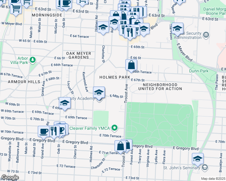 map of restaurants, bars, coffee shops, grocery stores, and more near 904 East 68th Street in Kansas City