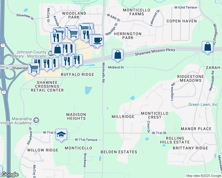 map of restaurants, bars, coffee shops, grocery stores, and more near 6805 Monticello Road in Shawnee