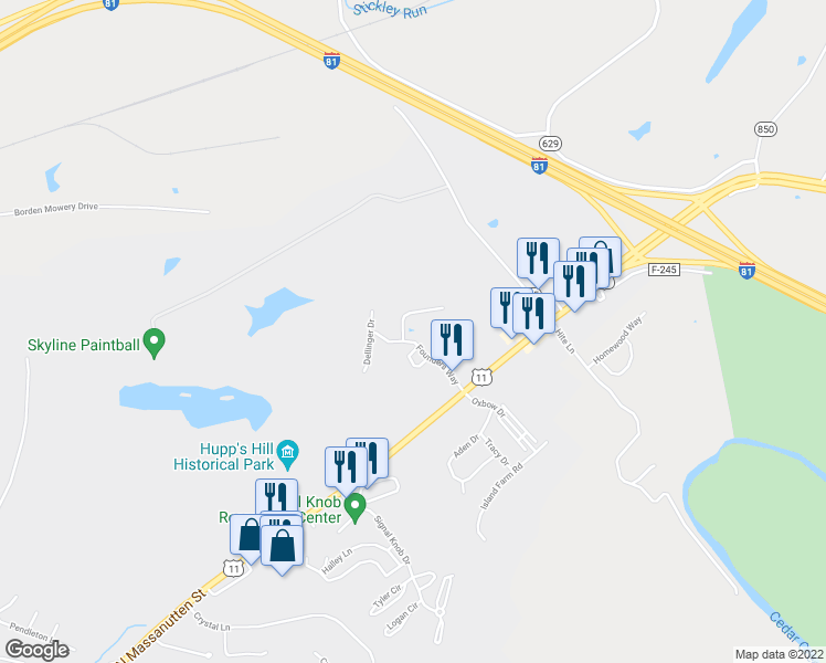 map of restaurants, bars, coffee shops, grocery stores, and more near 176 Founders Way in Strasburg