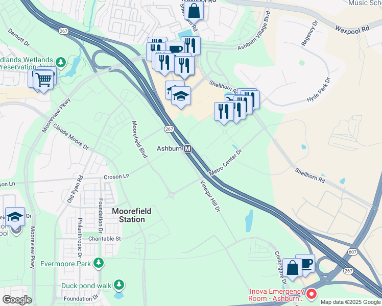 map of restaurants, bars, coffee shops, grocery stores, and more near Dulles Greenway in Ashburn