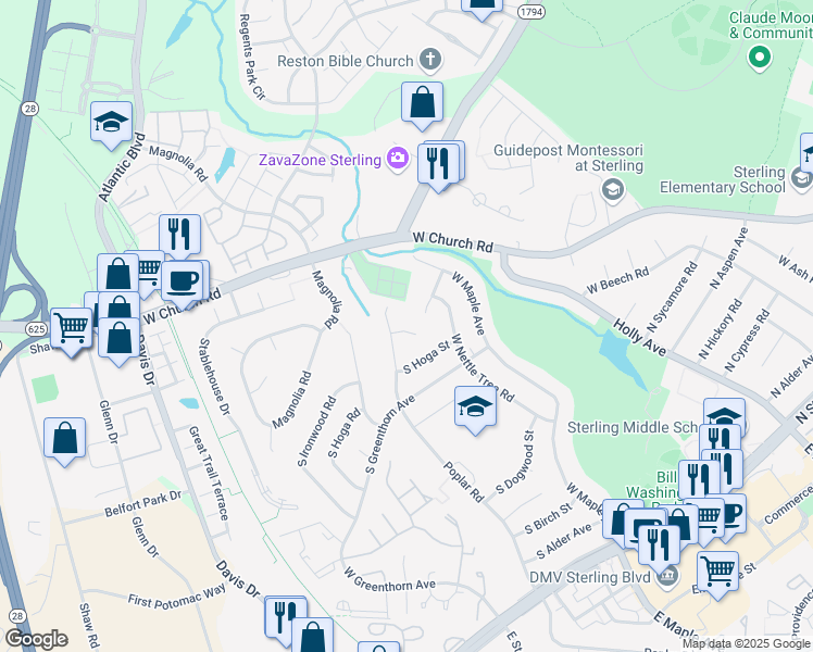 map of restaurants, bars, coffee shops, grocery stores, and more near 807 South Ironwood Court in Sterling