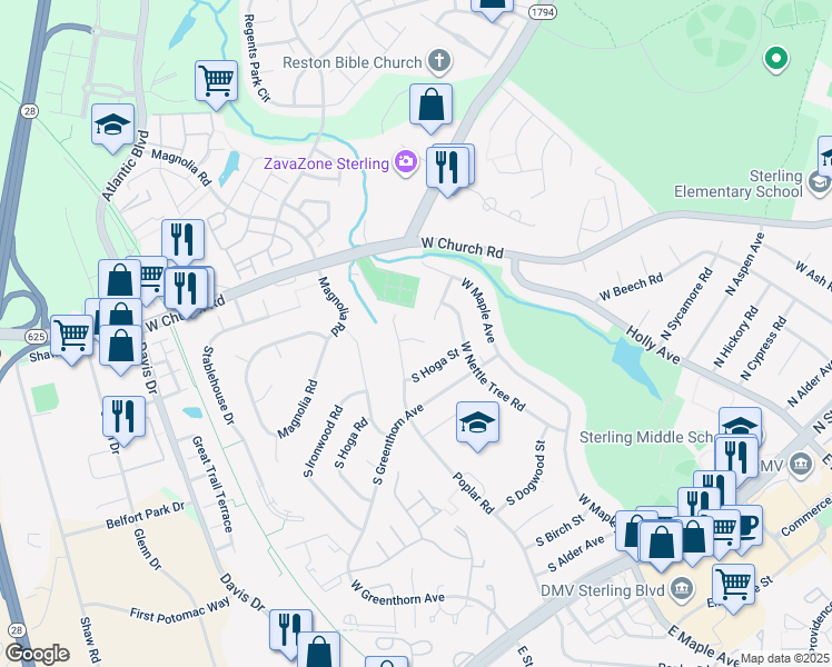 map of restaurants, bars, coffee shops, grocery stores, and more near 807 South Ironwood Court in Sterling