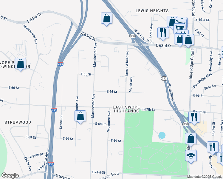 map of restaurants, bars, coffee shops, grocery stores, and more near 7979 East 66th Street in Kansas City