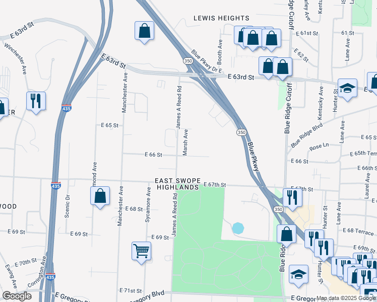 map of restaurants, bars, coffee shops, grocery stores, and more near 6550 Marsh Avenue in Kansas City