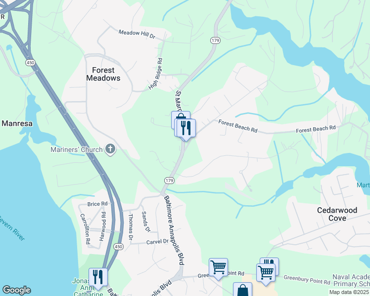 map of restaurants, bars, coffee shops, grocery stores, and more near 1841 Saint Margarets Road in Annapolis
