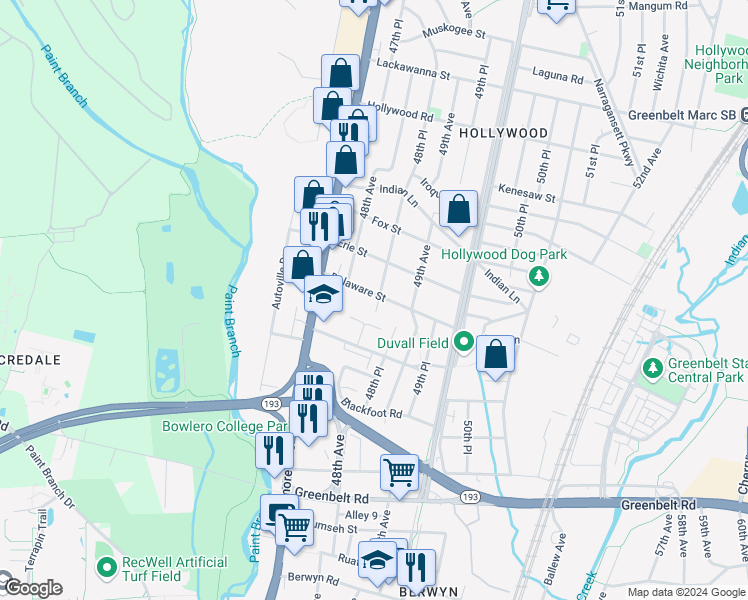 map of restaurants, bars, coffee shops, grocery stores, and more near 4813 Delaware Street in College Park