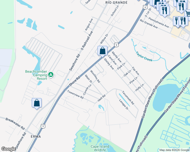 map of restaurants, bars, coffee shops, grocery stores, and more near 919 Woolson Road in Cape May