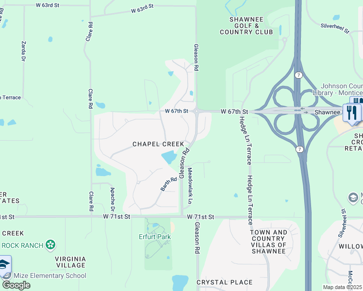map of restaurants, bars, coffee shops, grocery stores, and more near 23911 West 68th Street in Shawnee