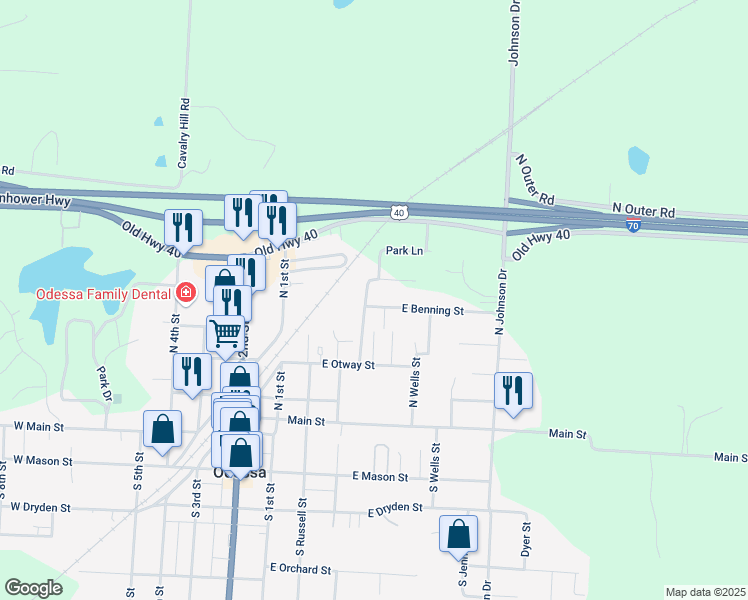 map of restaurants, bars, coffee shops, grocery stores, and more near 301A East Benning Street in Odessa