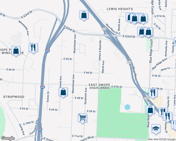 map of restaurants, bars, coffee shops, grocery stores, and more near 7979 East 66th Street in Kansas City